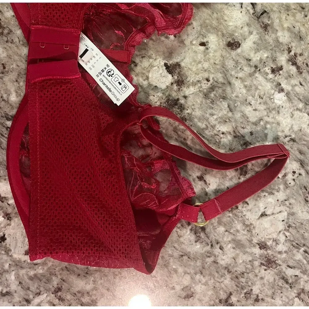 Chantelle $125 Fleur Demi Lace Floral Bra in Red Candy Apple Size 34DD
